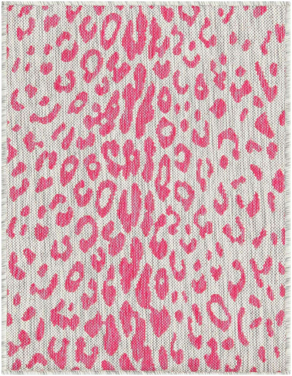 A 2x3 rectangular Rugs.com Outdoor Safari rug with a modern pink leopard print pattern on a gray background.