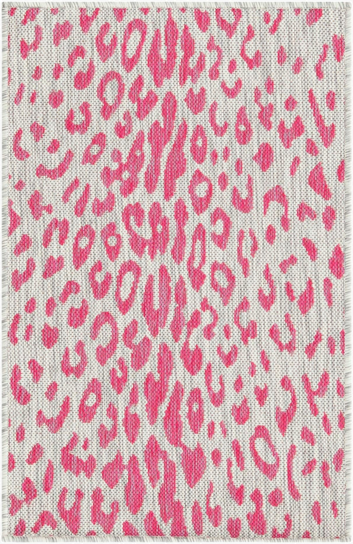 A 2x3 rectangular Rugs.com Outdoor Safari rug with a modern pink leopard print pattern on a gray background.