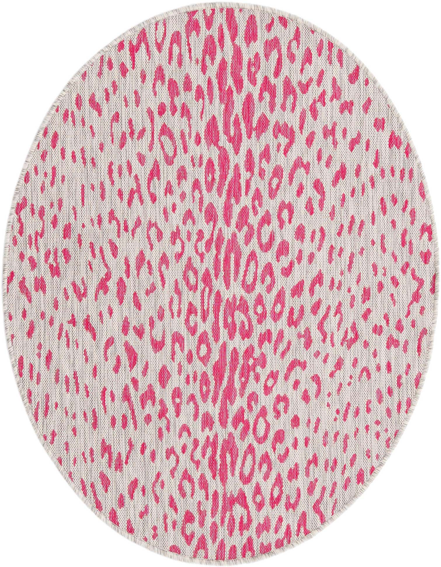 A 4' round indoor/outdoor rug with a modern leopard print pattern in bright pink on a light gray background.