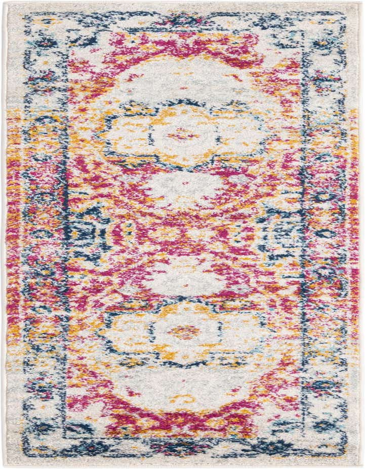 A 6 ft runner rug with a distressed traditional medallion pattern in gray, pink, yellow, and navy, perfect for a hallway.