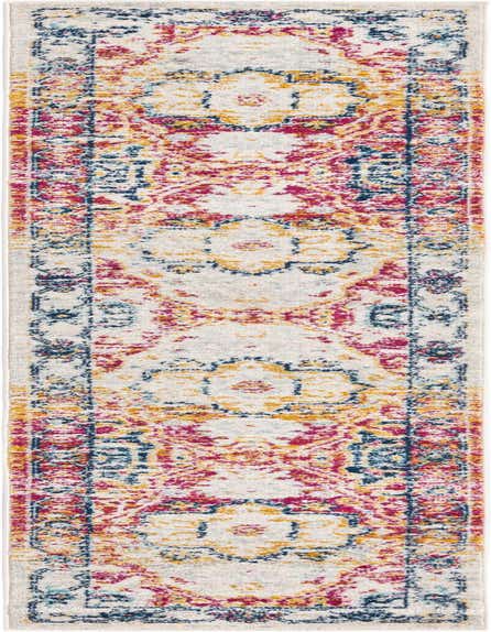 A 10 ft Madeline Vintage runner rug featuring a distressed traditional medallion pattern in grays, silvers, pinks, and gold, ideal for a hallway.