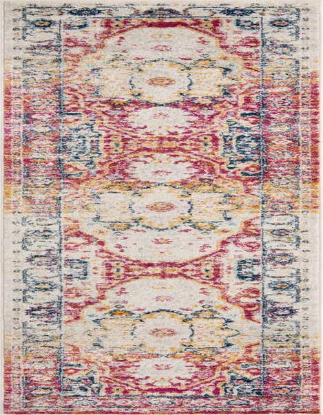 A 13 ft runner rug from the Madeline Vintage collection, featuring a distressed traditional medallion pattern in grays, silvers, pinks, and hints of blue and gold, ideal for a hallway.