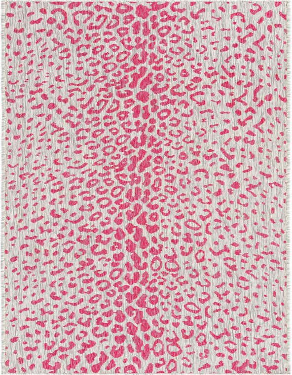 A 10 ft runner rug featuring a modern leopard spot pattern in vibrant pinks against a textured gray background, suitable for a hallway or patio.