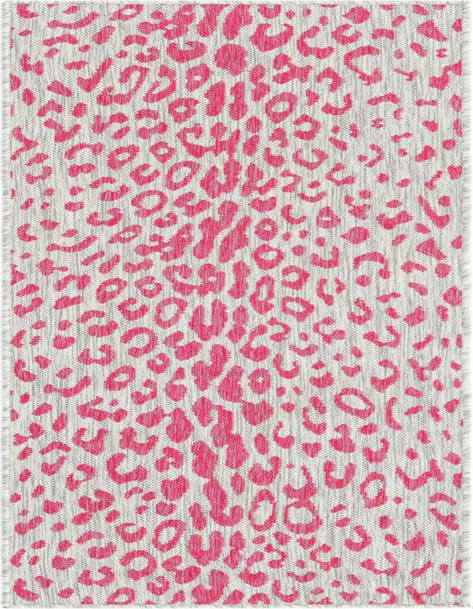 A 6 ft runner rug with a modern pink leopard print pattern on a gray background, suitable for indoor/outdoor use.