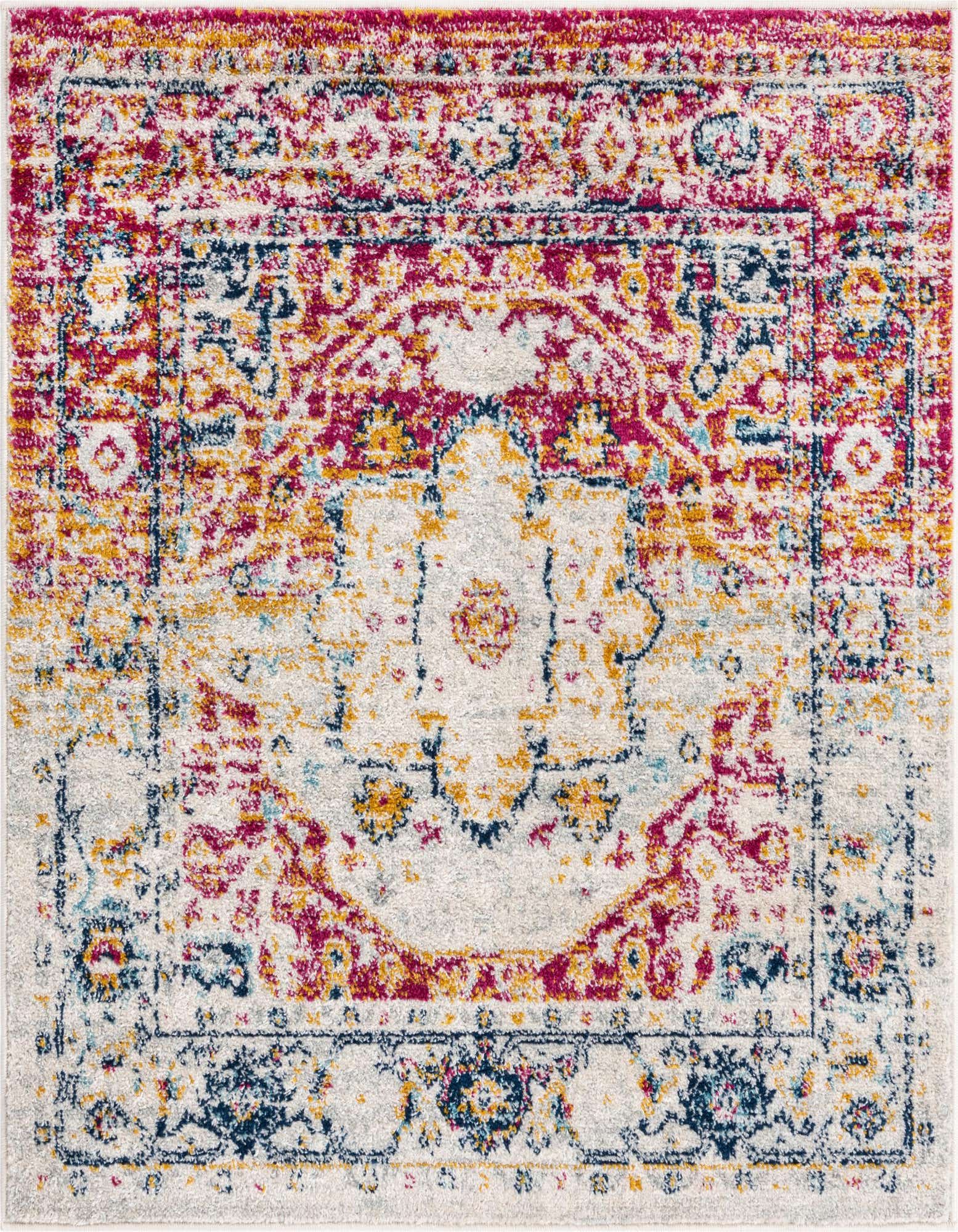 A 4'x4' square Madeline Vintage rug featuring a distressed traditional medallion pattern in grays, silvers, pinks, gold, and navy.