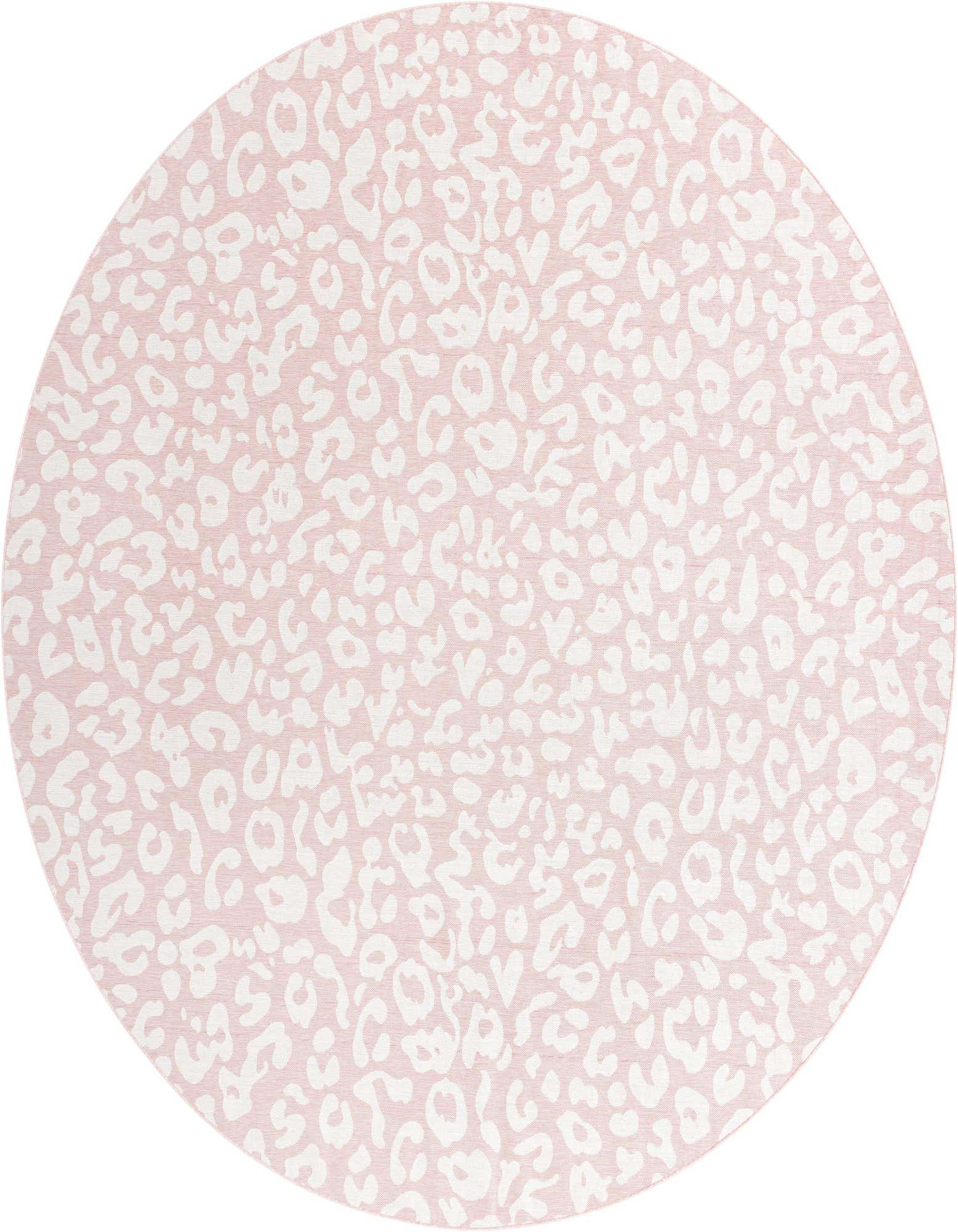A 13-foot round Rugs.com Outdoor Safari rug featuring a modern ivory and pink leopard print pattern.