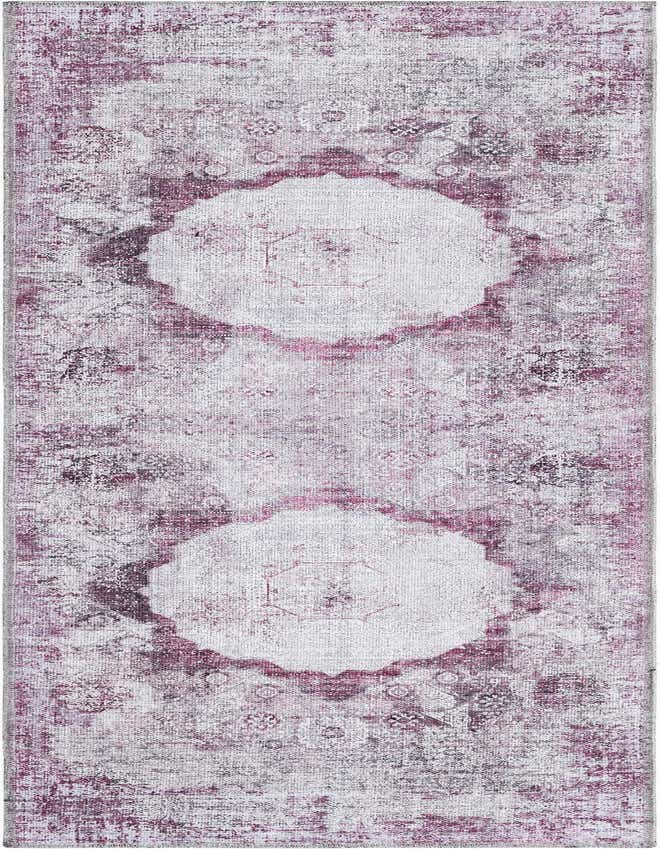 A 6 ft runner rug with a distressed traditional medallion pattern in shades of ivory, cream, and pink, ideal for a hallway or kitchen.