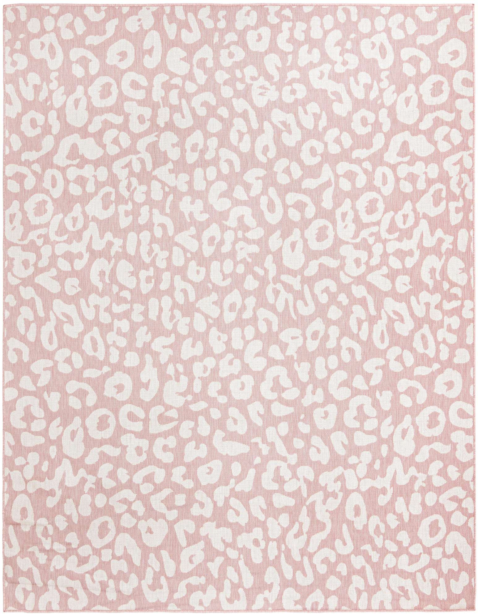 A 10'x10' square indoor/outdoor rug with a modern ivory and pink leopard print pattern, suitable for a patio.