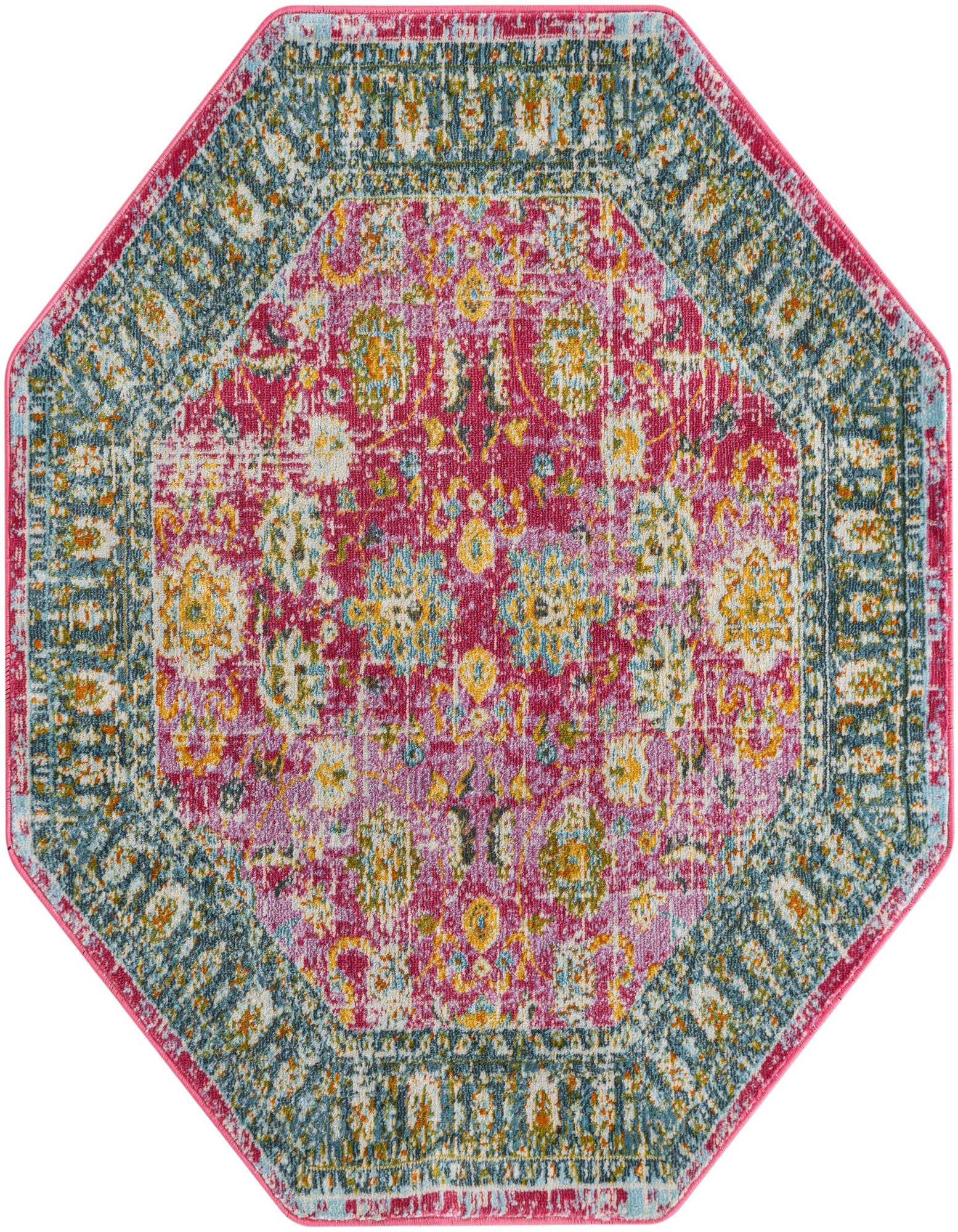 A 4' 0 x 4' 0 octagon rug featuring a distressed traditional floral pattern in shades of pink, yellow, and blue.
