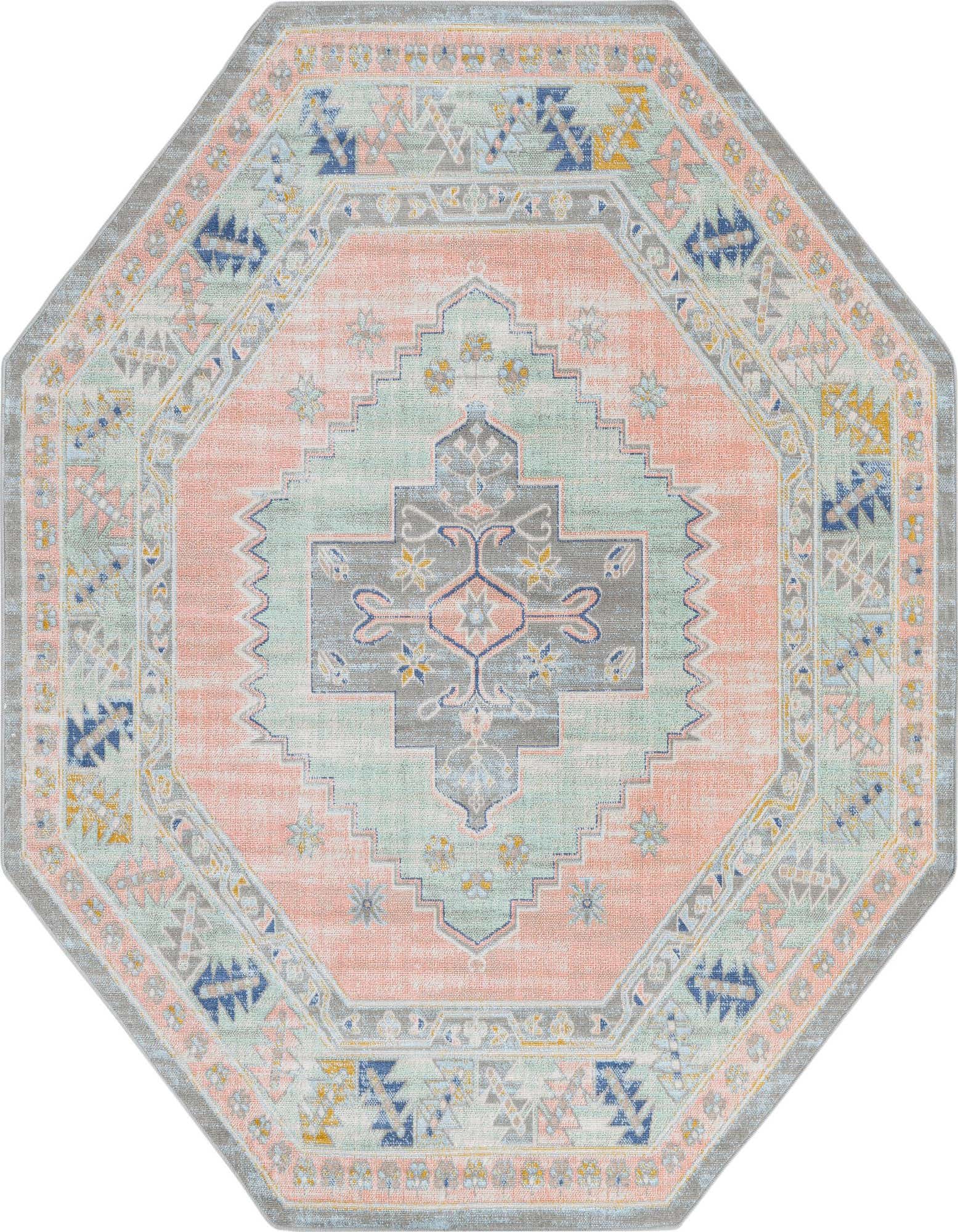 Octagon pink and grey tribal flatweave rug with a central medallion design and distressed vintage look.
