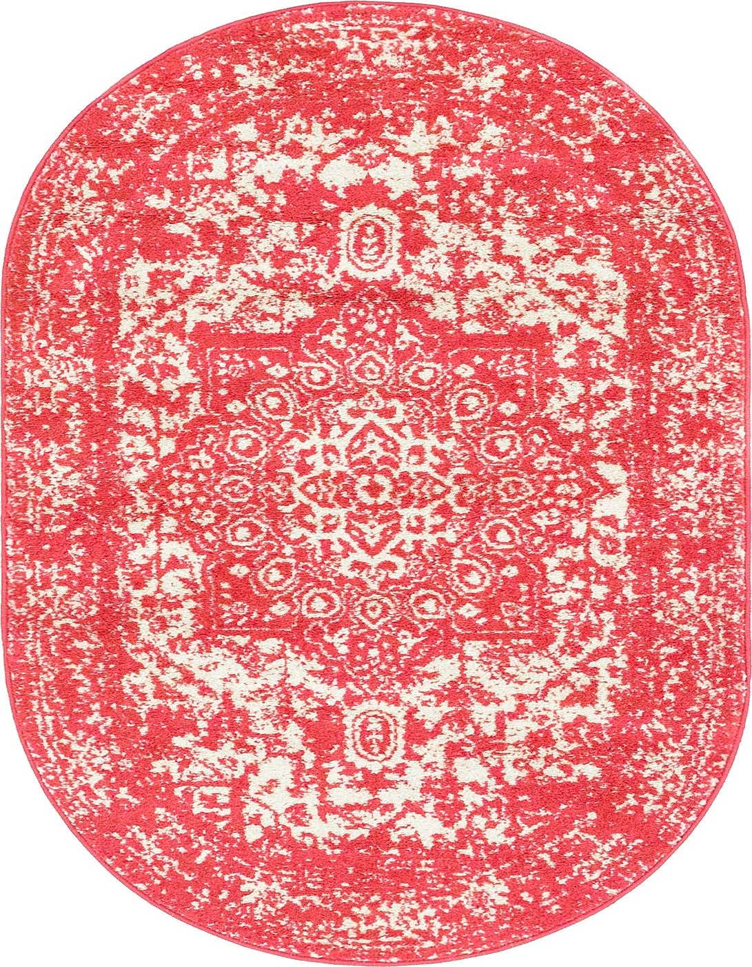 A 3' 0 x 5' 3 oval pink area rug with a distressed traditional medallion pattern in cream, suitable for indoor spaces.