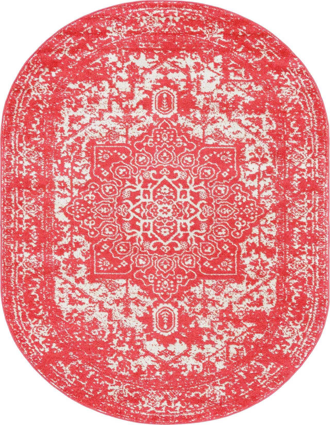 A 5' 3 x 8' 0 oval pink area rug with a distressed traditional medallion pattern in white, suitable for an indoor living space.