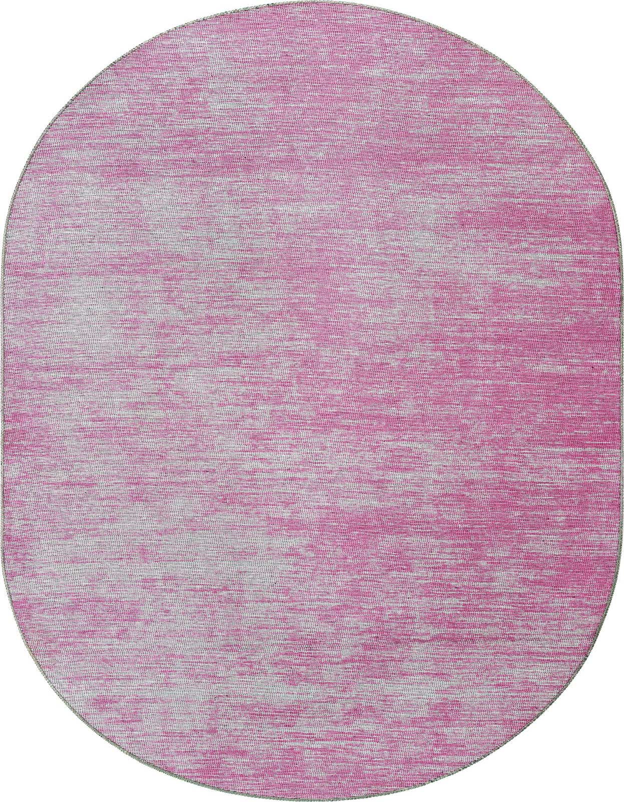 A 5' 0 x 8' 0 oval pink modern rug with a subtle striped pattern, made from chenille, suitable for indoor spaces.