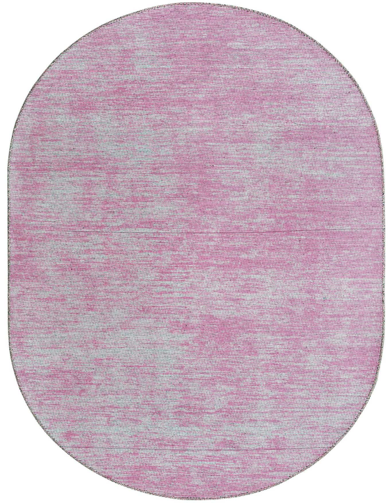 A 4'x6' oval pink and white modern striped chenille rug with a textured, flatweave pile.