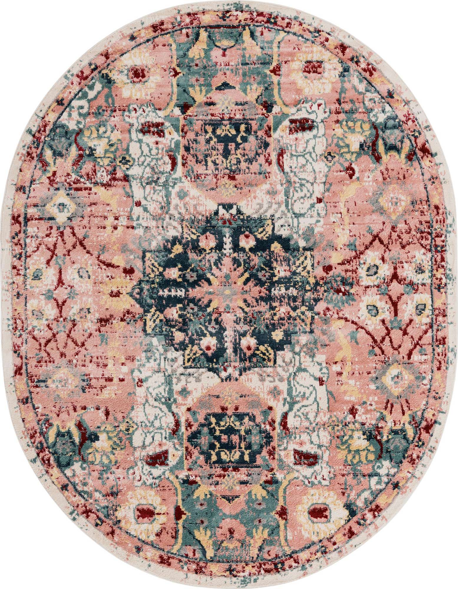 An 8' x 10' oval pink area rug with a distressed transitional medallion pattern in teal, navy, and cream.