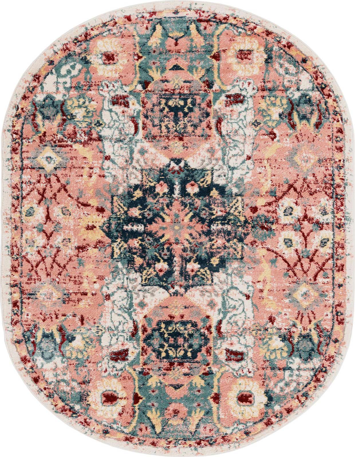 An oval 5'x8' Charleston rug featuring a distressed pink, teal, and navy medallion pattern with vintage-inspired details.