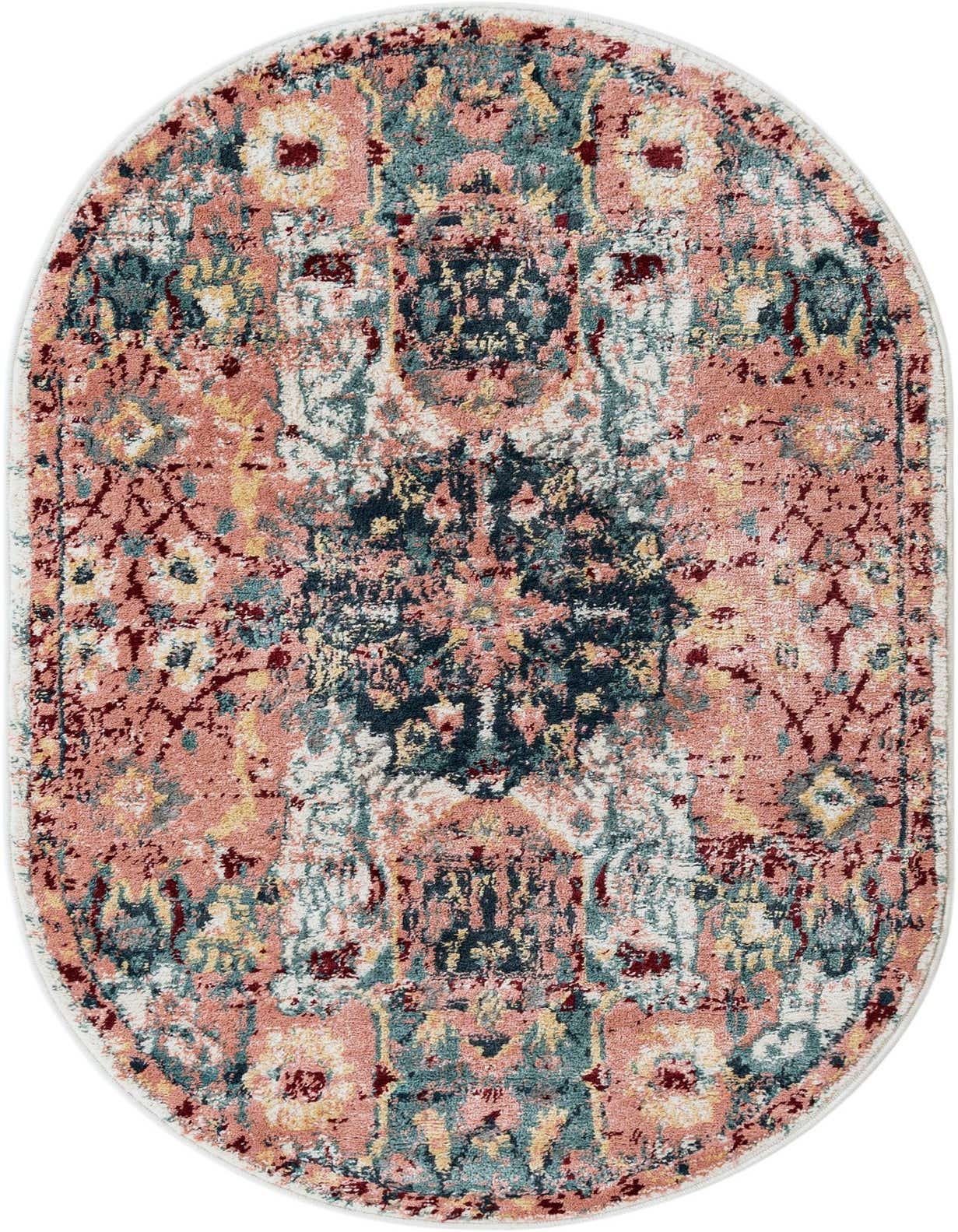An oval 3' 3 x 5' 3 Rugs.com Charleston rug featuring a distressed transitional pattern in shades of pink, teal, yellow, and deep red.