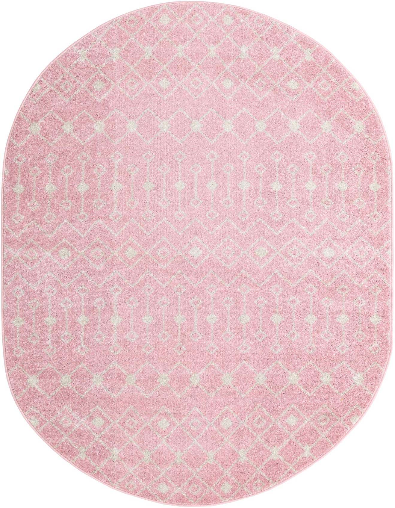 A 5' 3 x 8' 0 oval pink area rug with a light beige Moroccan trellis pattern, suitable for indoor spaces.