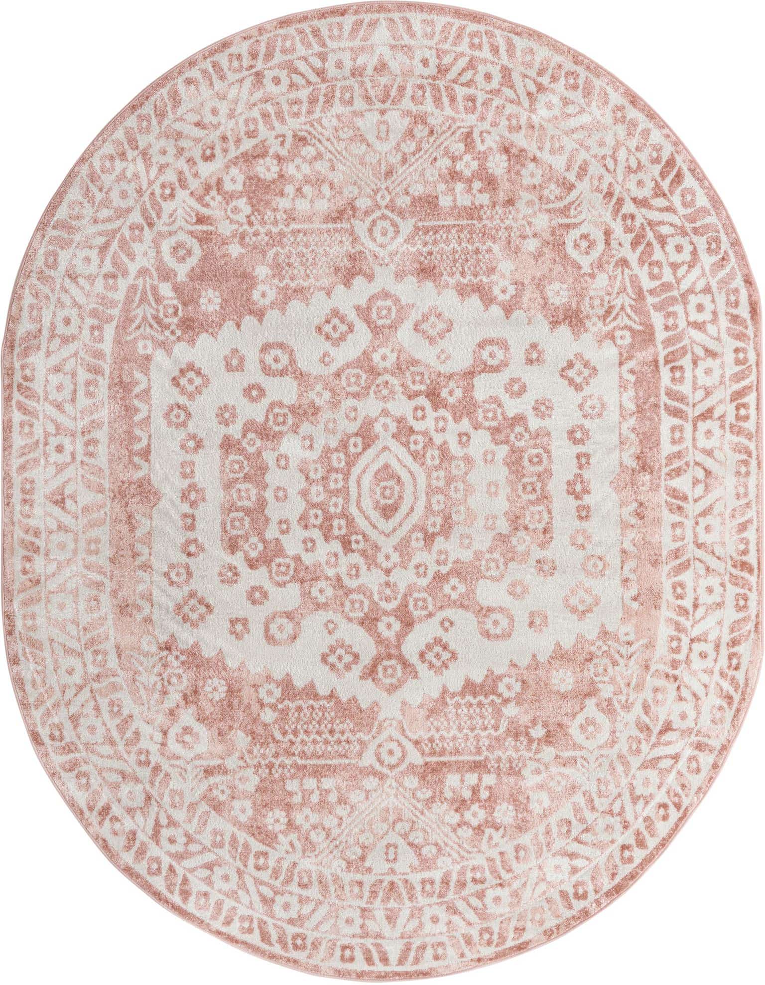 An 8' x 10' oval pink and white bohemian rug with a distressed medallion and floral pattern, suitable for an indoor living space.