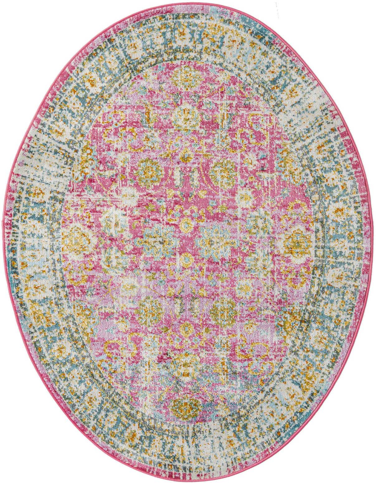 A 3' 3 x 5' 3 oval Paragon rug in pink with a distressed traditional floral pattern and a light blue and yellow border.