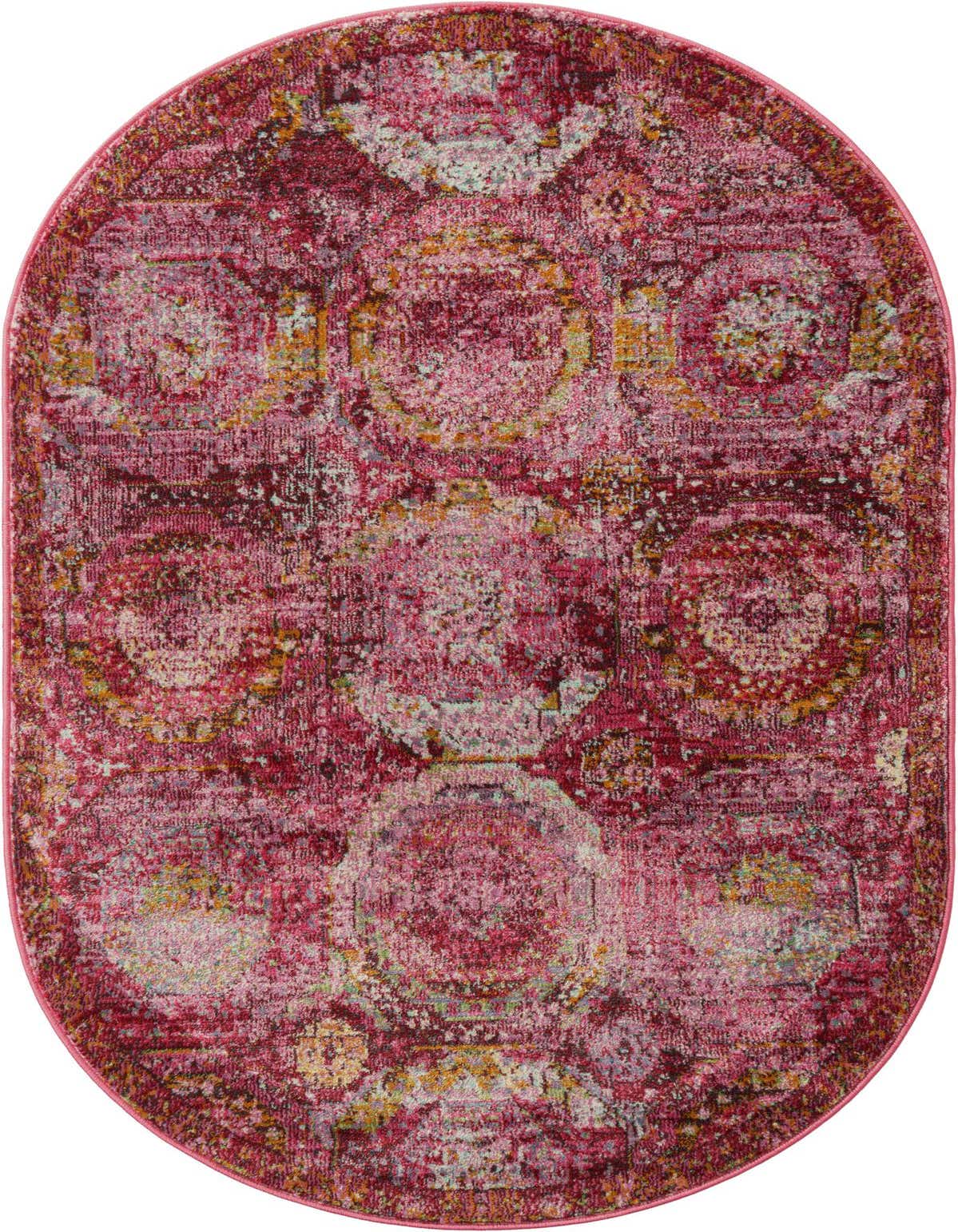 A 3' 3 x 5' 3 oval pink transitional rug with a distressed medallion pattern, featuring shades of fuchsia, light pink, and subtle hints of yellow and blue.