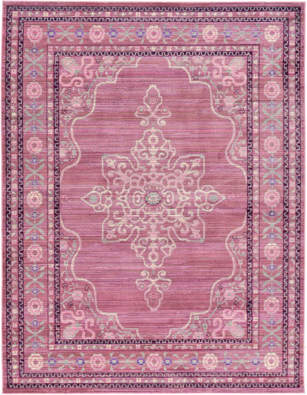 A 5x8 rectangular pink area rug with a central medallion and ornate floral borders, blending bohemian and traditional styles.