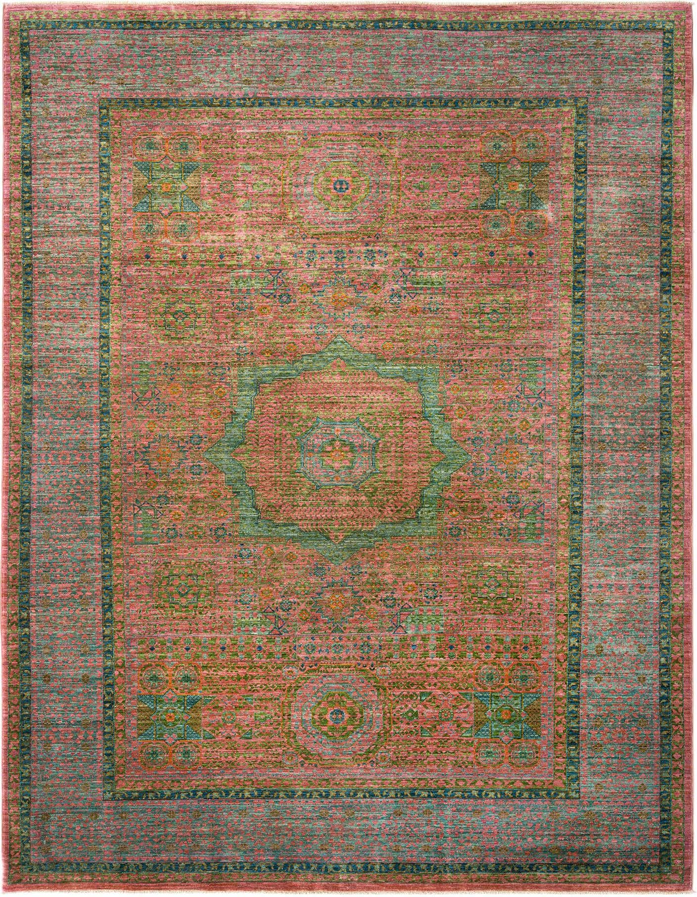 A 6x9 rectangular Amina Persian rug in shades of pink with a teal border and intricate traditional patterns.