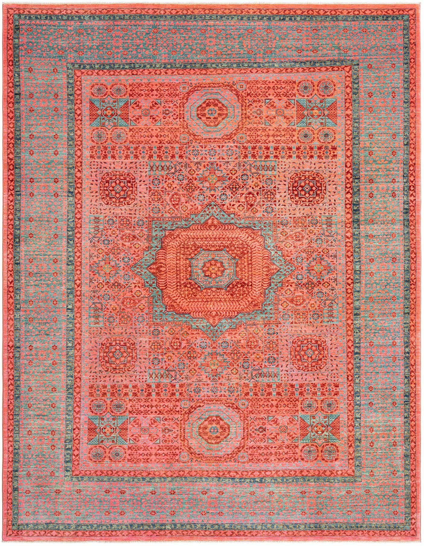 A 7x10 rectangular Amina Persian rug in shades of pink and teal, featuring intricate traditional patterns.
