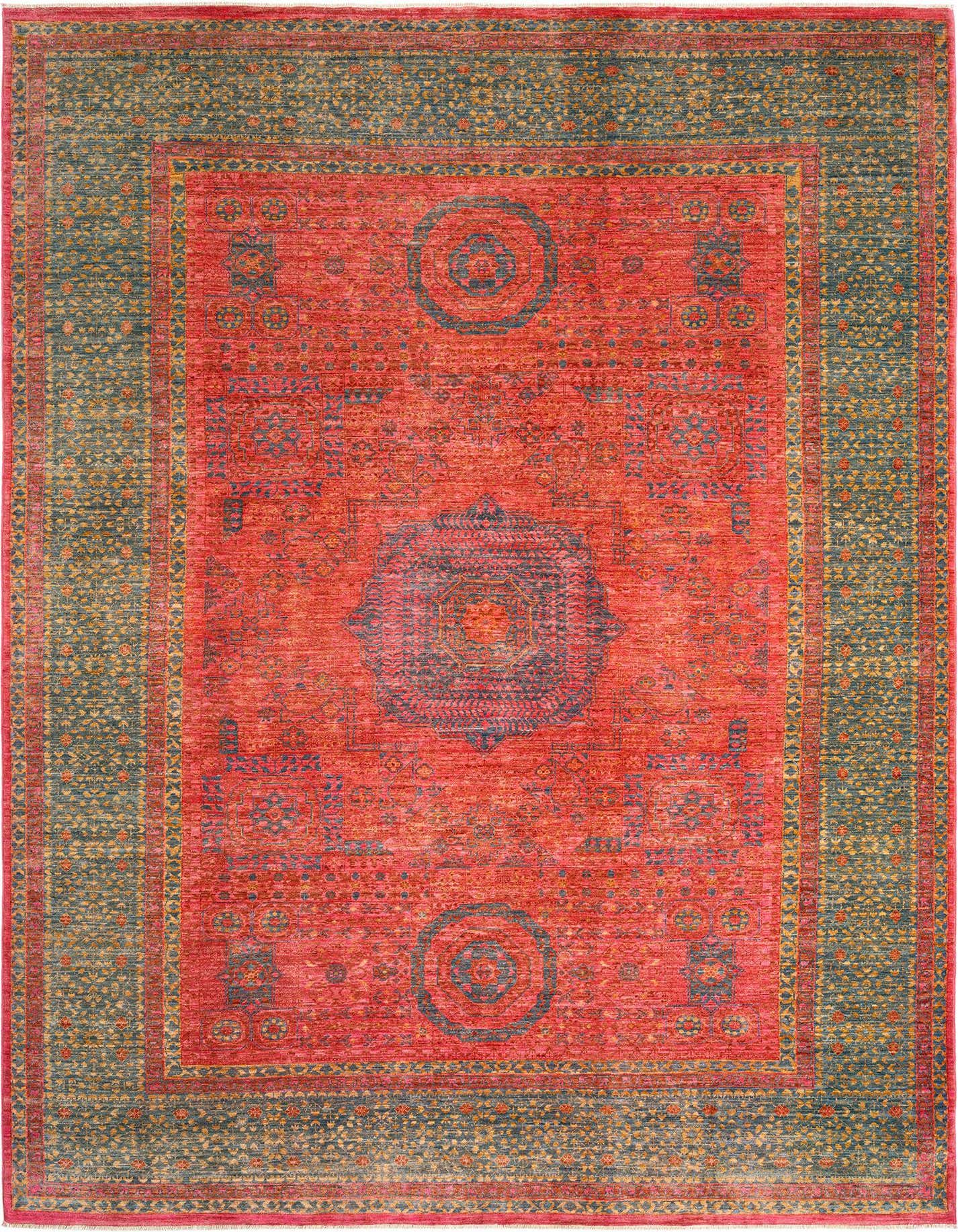 A 7x10 rectangular Amina Persian rug in shades of pink with a contrasting teal border, featuring intricate traditional patterns.