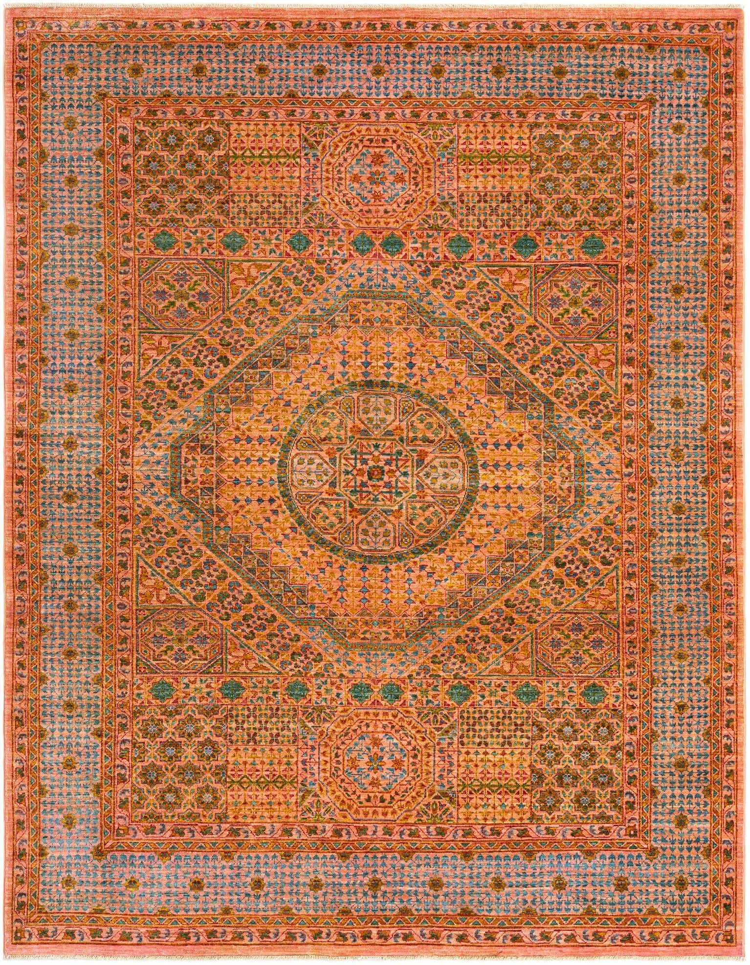 A 5x8 rectangular pink Persian rug with intricate traditional patterns in blue, orange, and green, suitable for a living room.