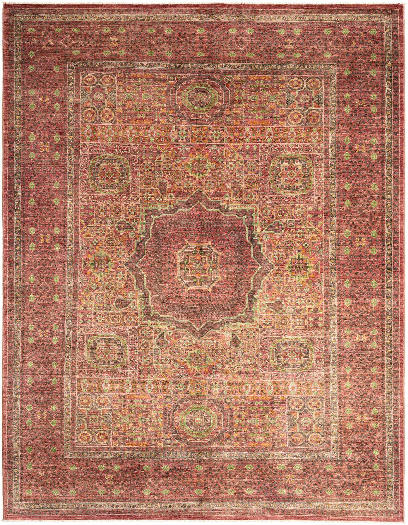 A 5x8 rectangular Amina Persian rug in shades of pink with intricate traditional patterns and a central medallion.