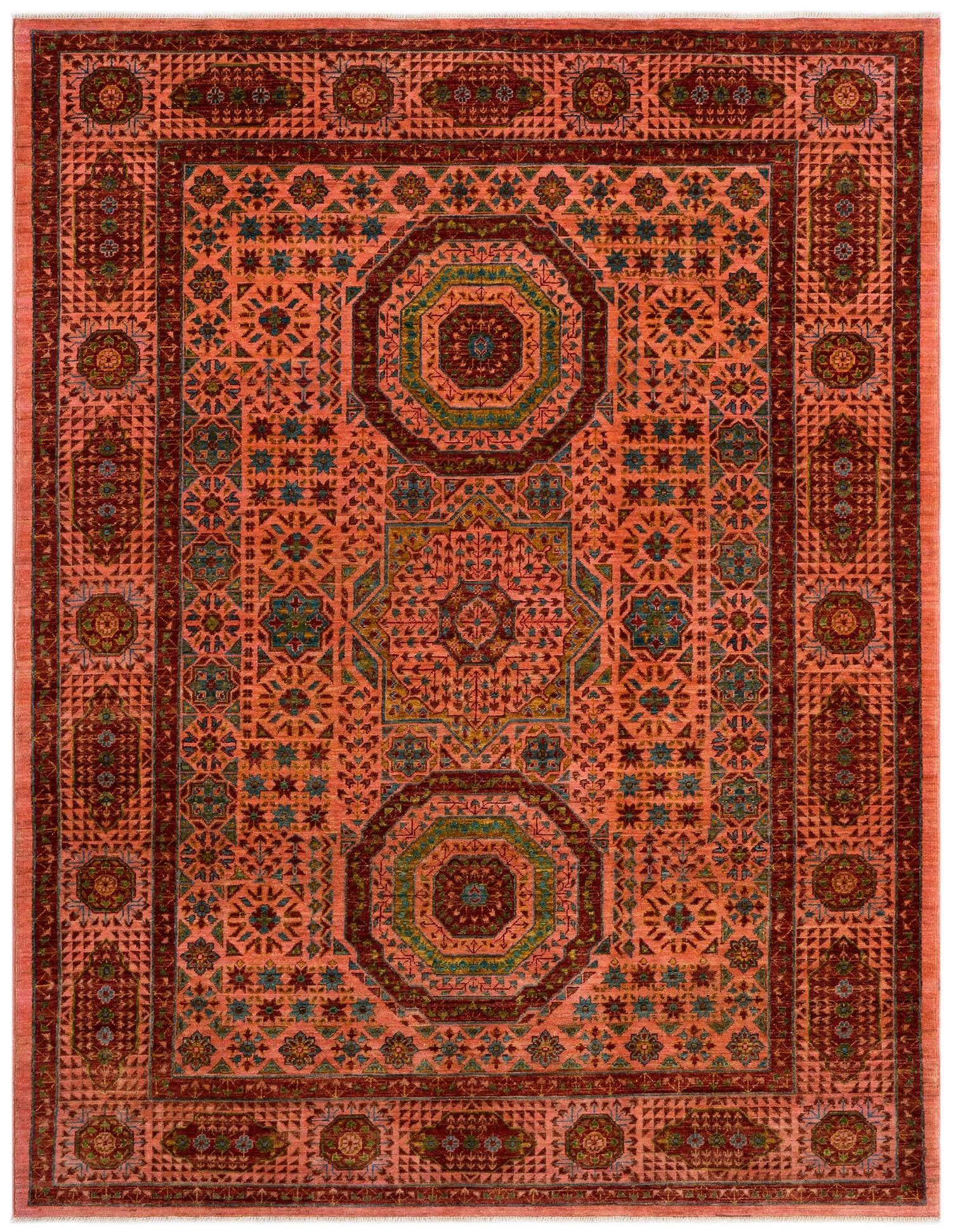 A 4x6 rectangular pink Persian wool rug featuring intricate traditional patterns and a rich border.