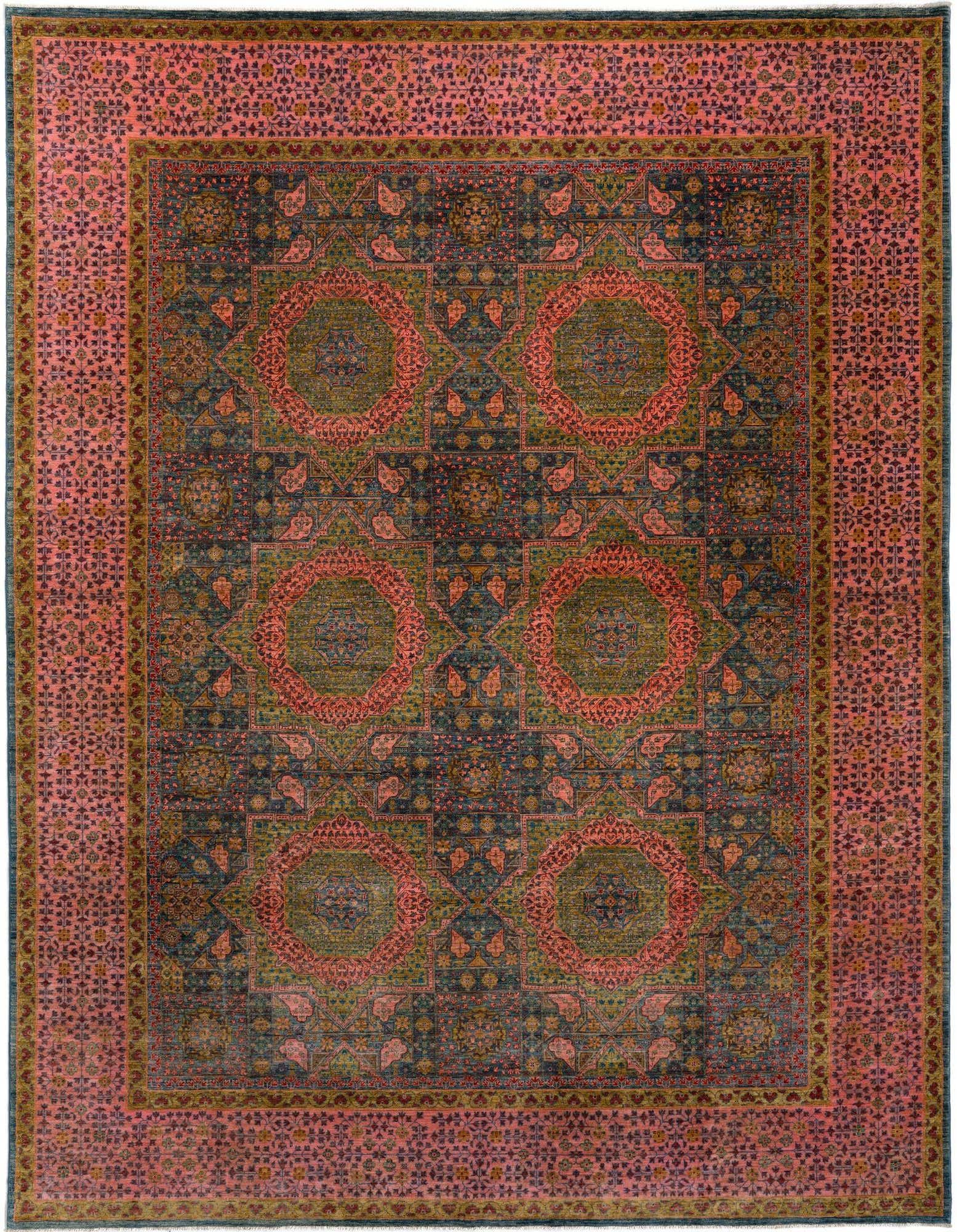An 8x11 rectangular Persian rug with a dark teal and olive green center pattern, framed by a wide pink border.