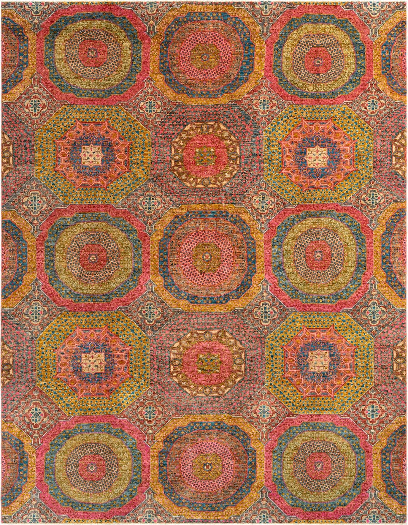 A vibrant 8x11 rectangular Persian rug with a repeating pattern of octagonal and circular medallions in shades of pink, gold, and blue.