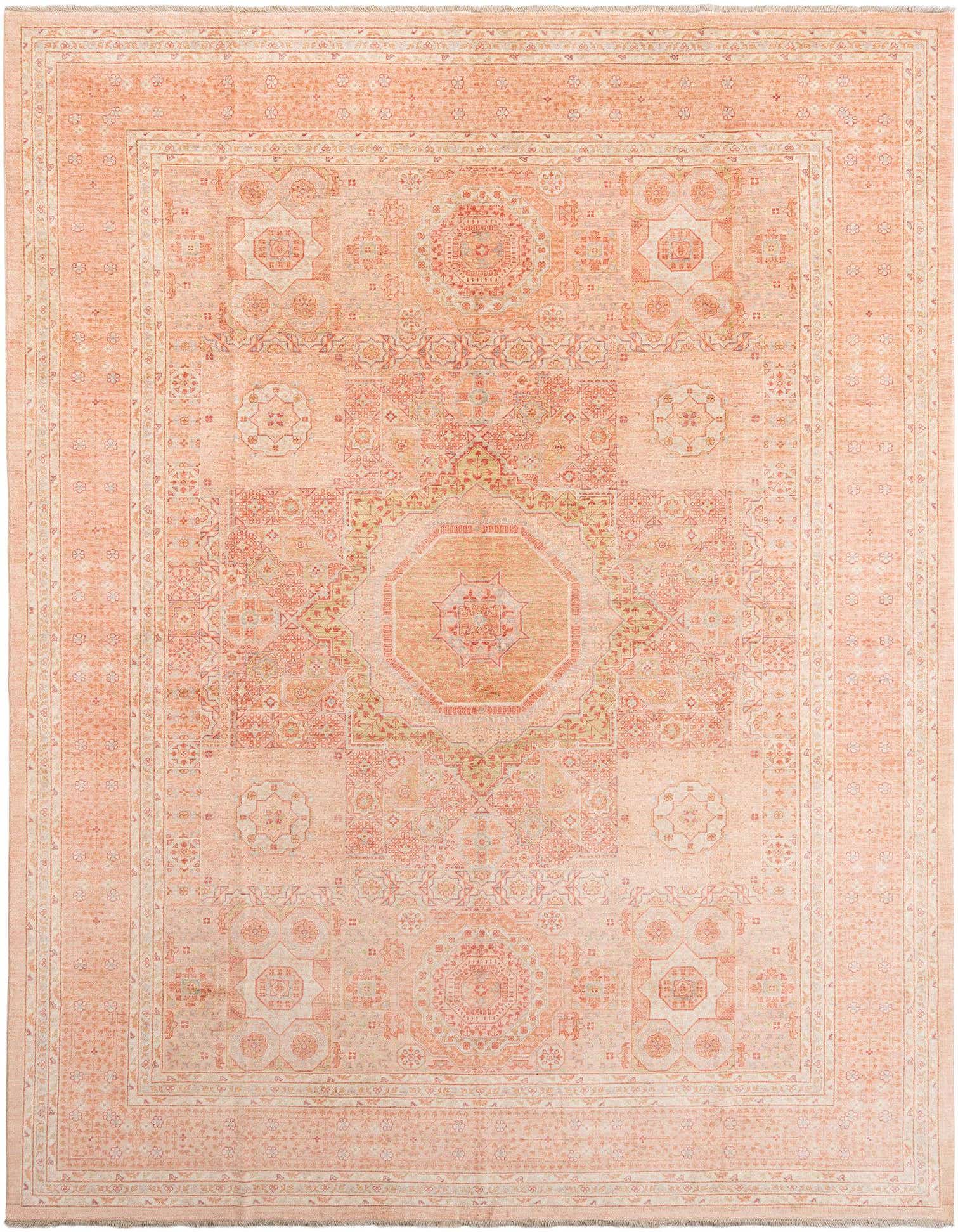 Handmade rectangular Persian rug in varying shades of pink, featuring an intricate medallion and border pattern.