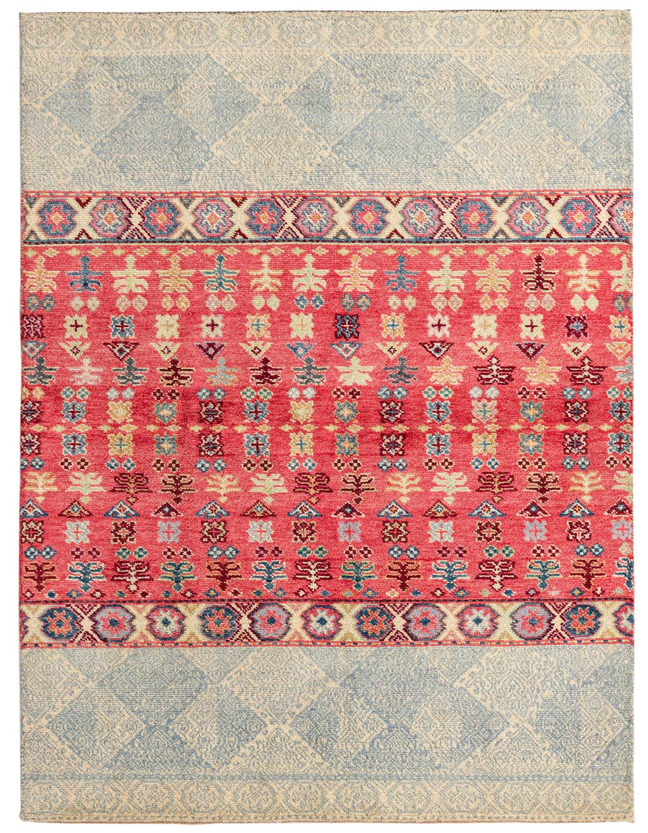 A 5x8 rectangular Ariana Ziegler rug featuring a vibrant pink center with abstract oriental patterns and light blue patterned borders.