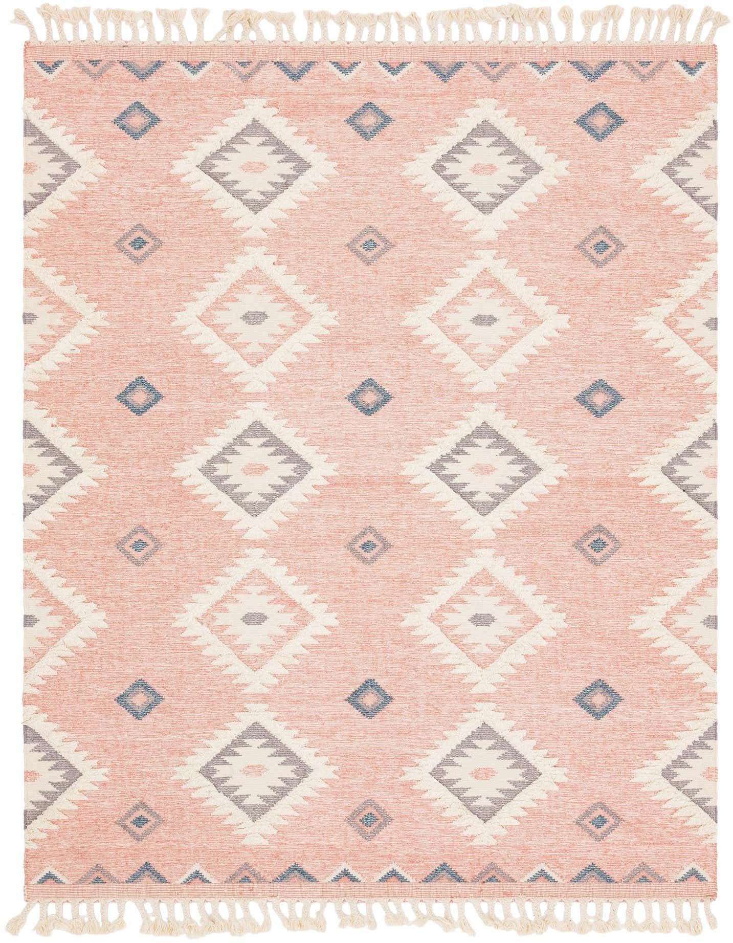 A 9x12 rectangular pink bohemian rug with a Southwestern tribal pattern in cream, grey, and blue, featuring fringes.