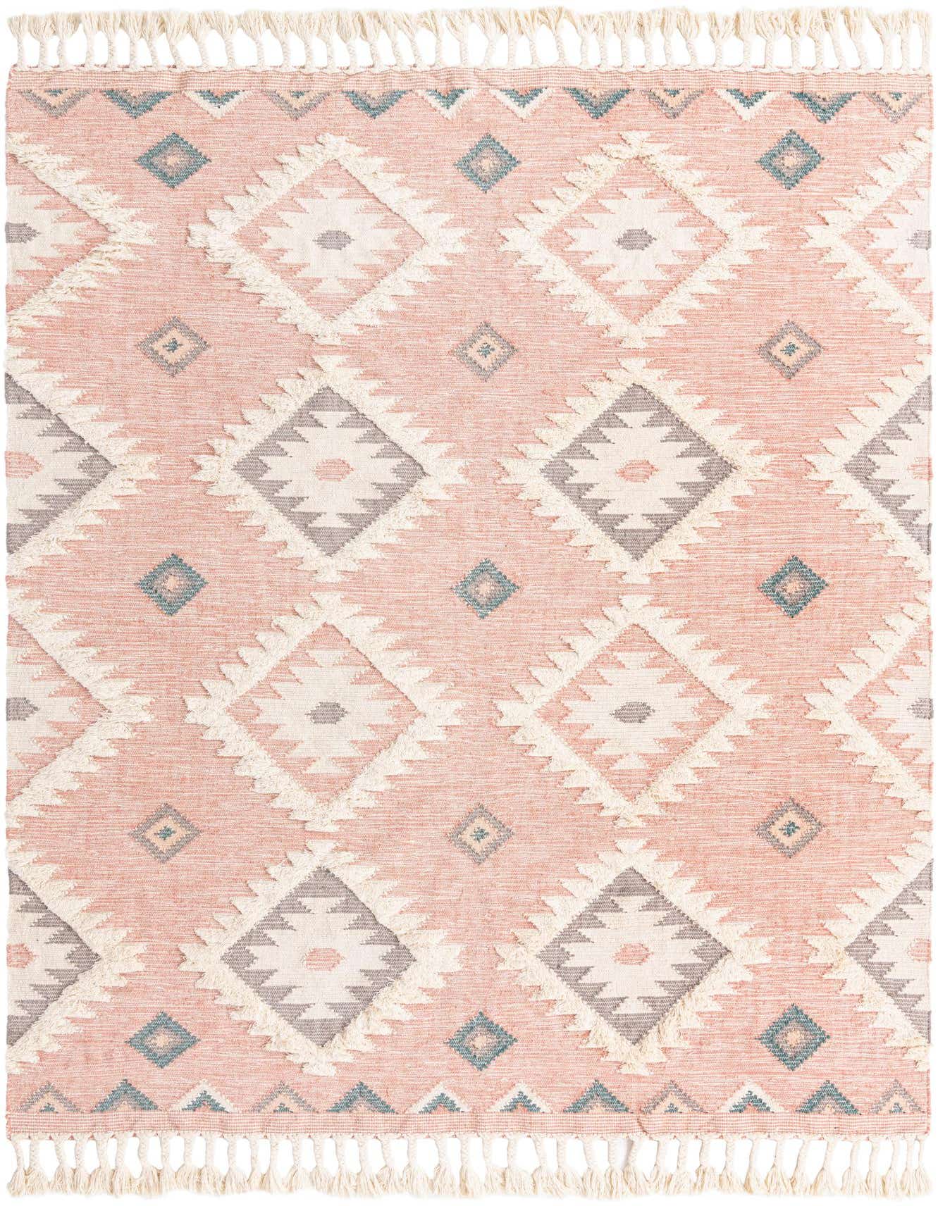 8x11 rectangular pink Bohemian shag rug with white, grey, and teal Southwestern diamond patterns and fringed edges.