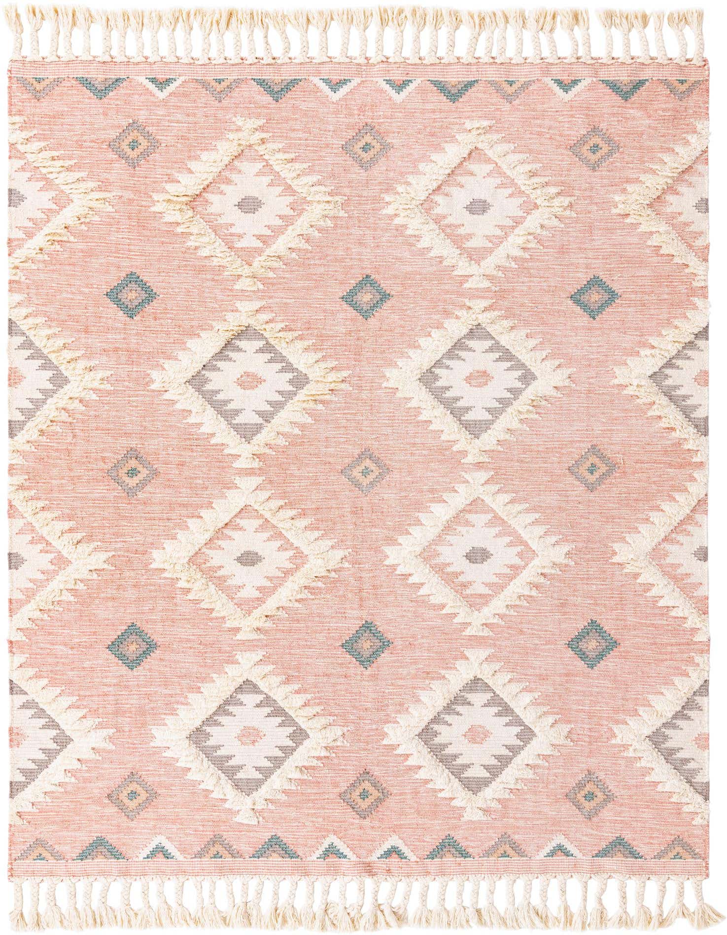 A rectangular 8x10 pink bohemian wool rug with a tribal diamond pattern and fringe tassels.