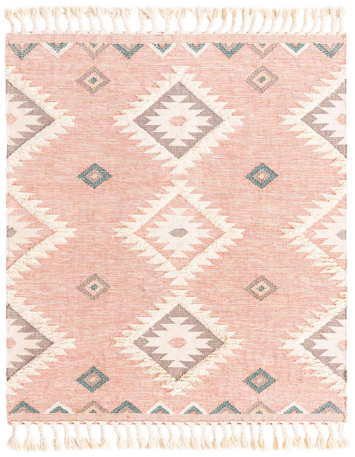A 6x9 rectangular pink wool rug with a bohemian tribal pattern featuring large white and gray diamonds, small teal diamonds, and fringed edges.