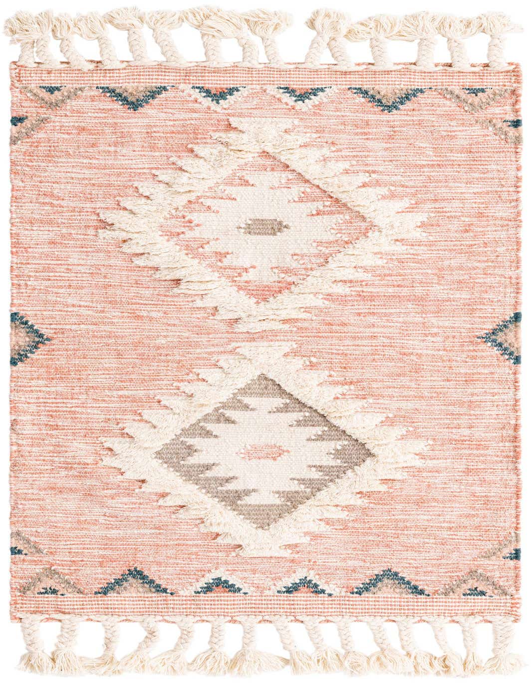 A 3x5 rectangular pink bohemian wool rug with cream shag diamonds, grey accents, and braided tassels.