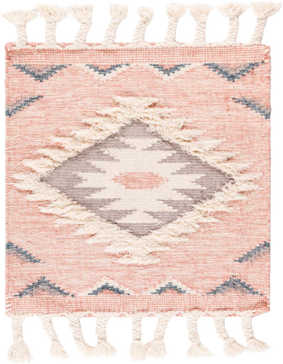 A 2x3 rectangular pink rug with a central gray and white tribal diamond pattern, blue accents, and braided tassels.
