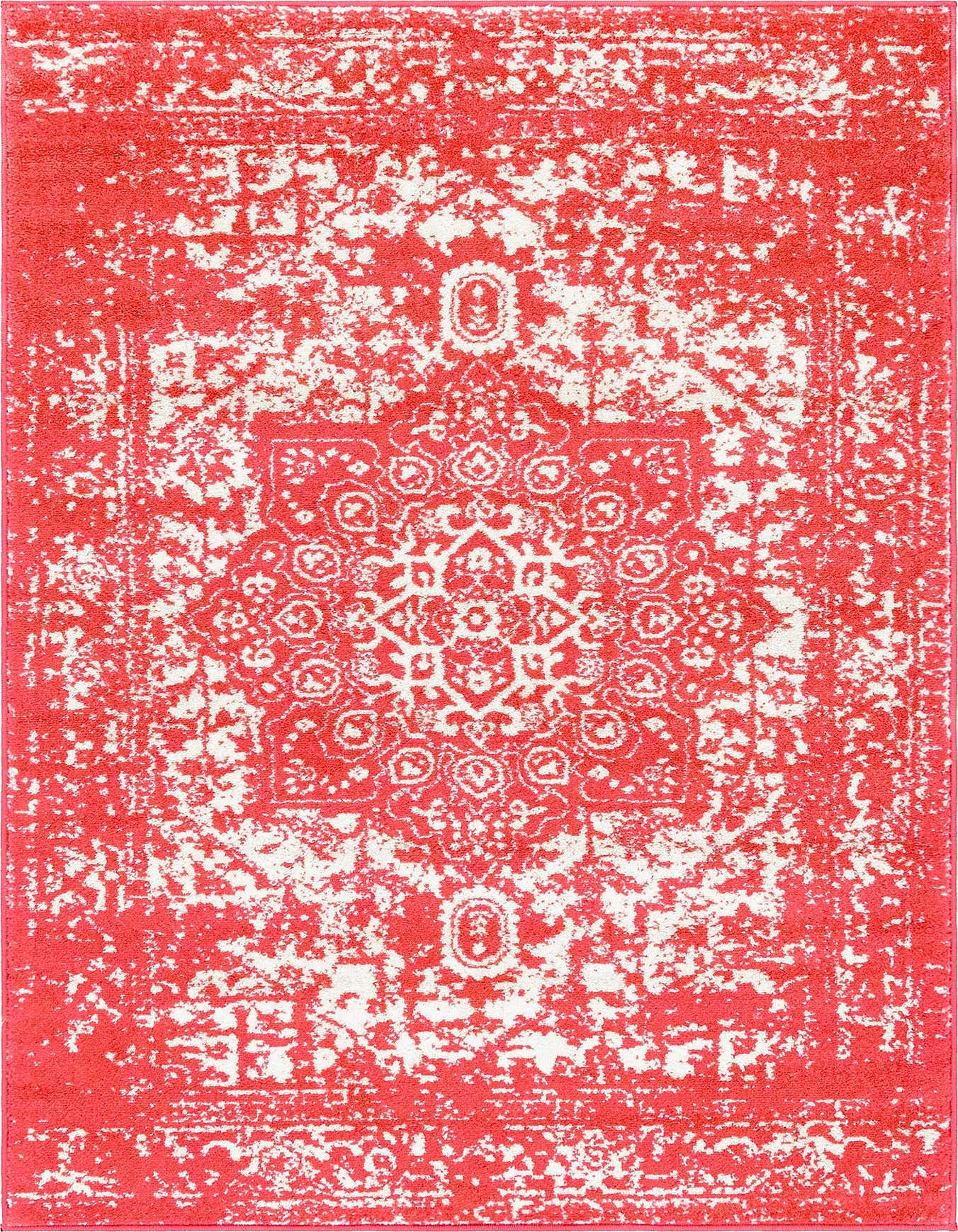 A 4x6 rectangular pink and white distressed medallion rug with a thin pile, suitable for a living room.