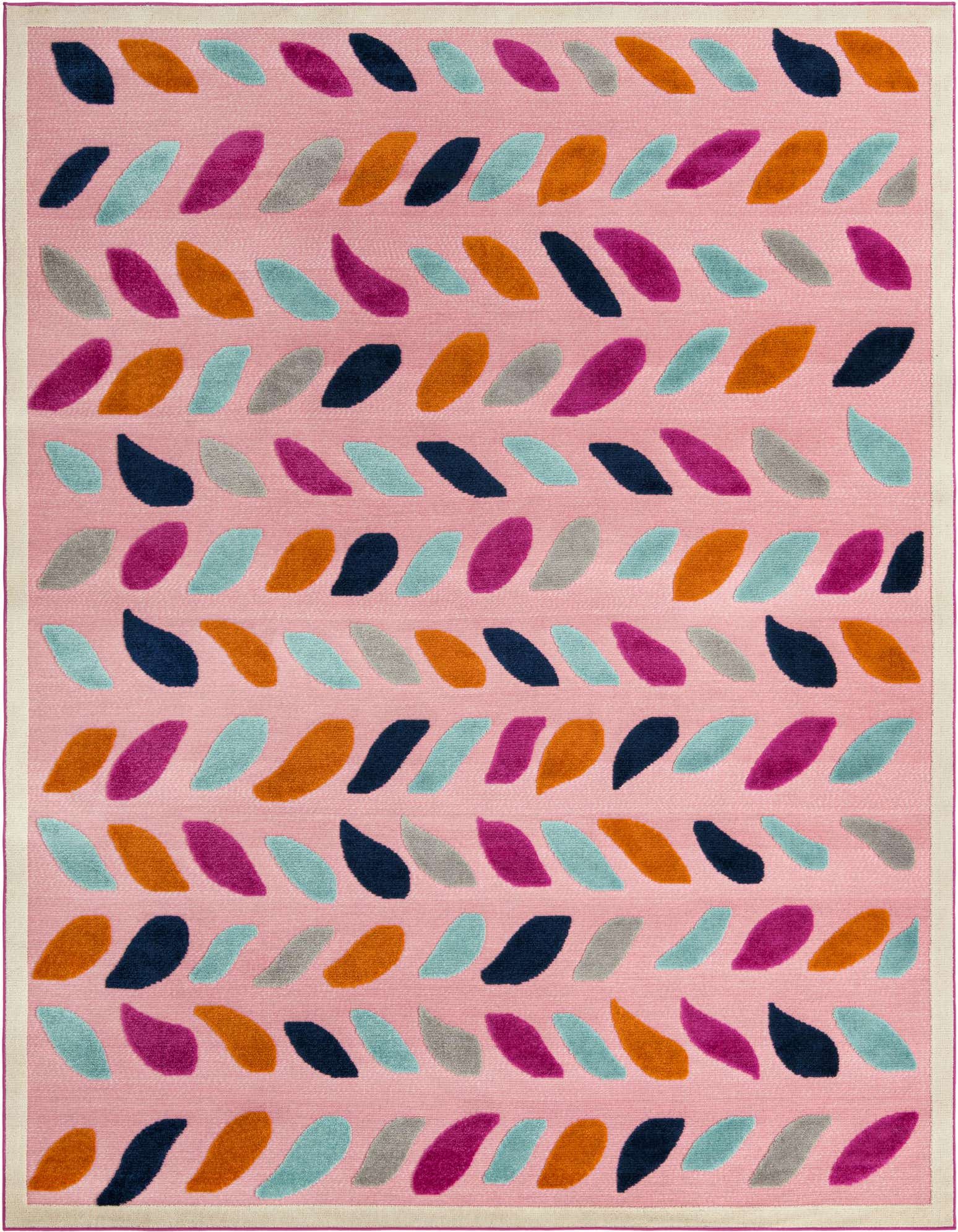 A 9x12 pink rectangular rug with a modern bohemian leaf pattern in blue, orange, gray, and fuchsia, suitable for indoor or outdoor spaces.
