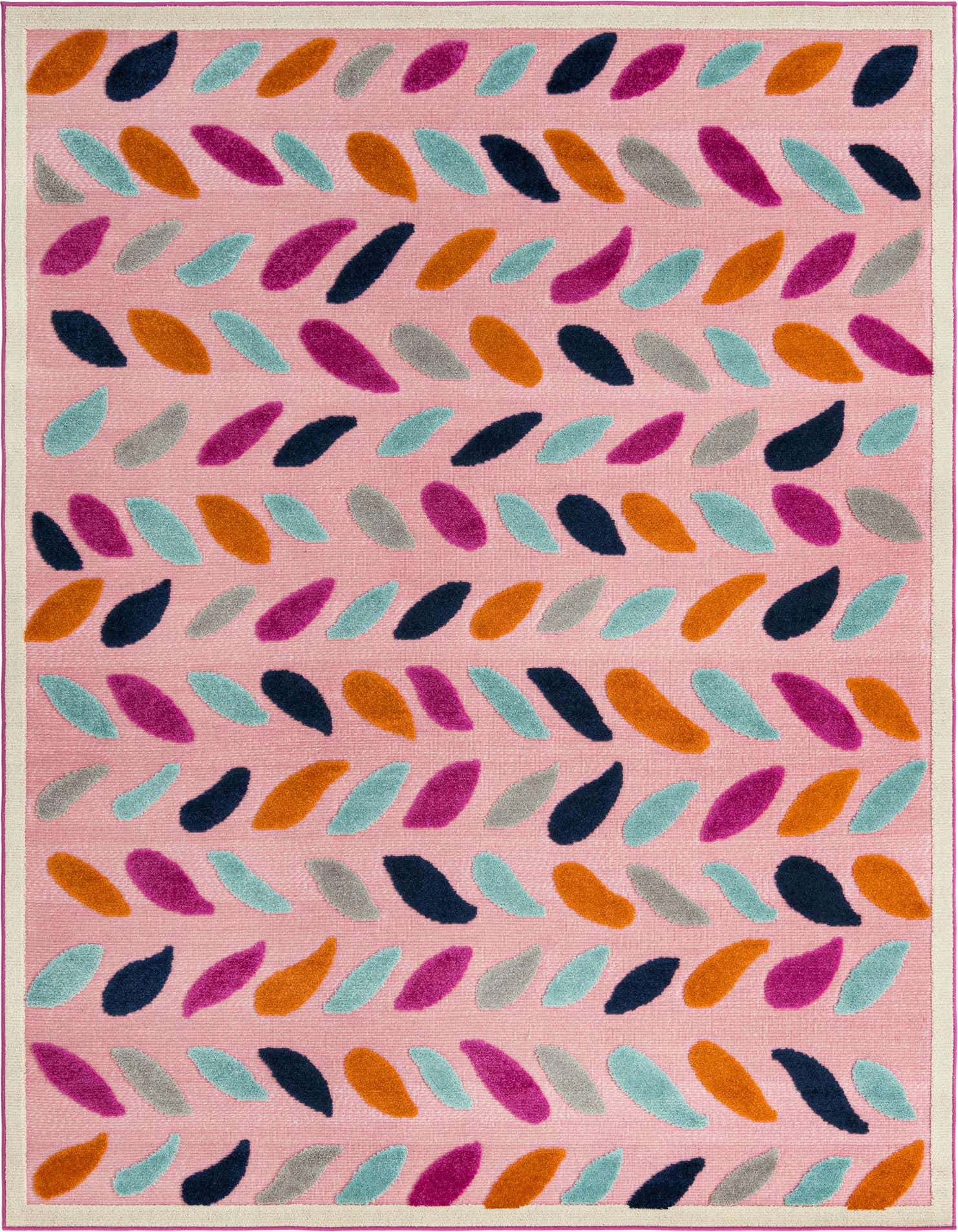 A 7x10 rectangular pink rug with a modern bohemian leaf pattern in teal, orange, navy, gray, and fuchsia, suitable for indoor or outdoor spaces.