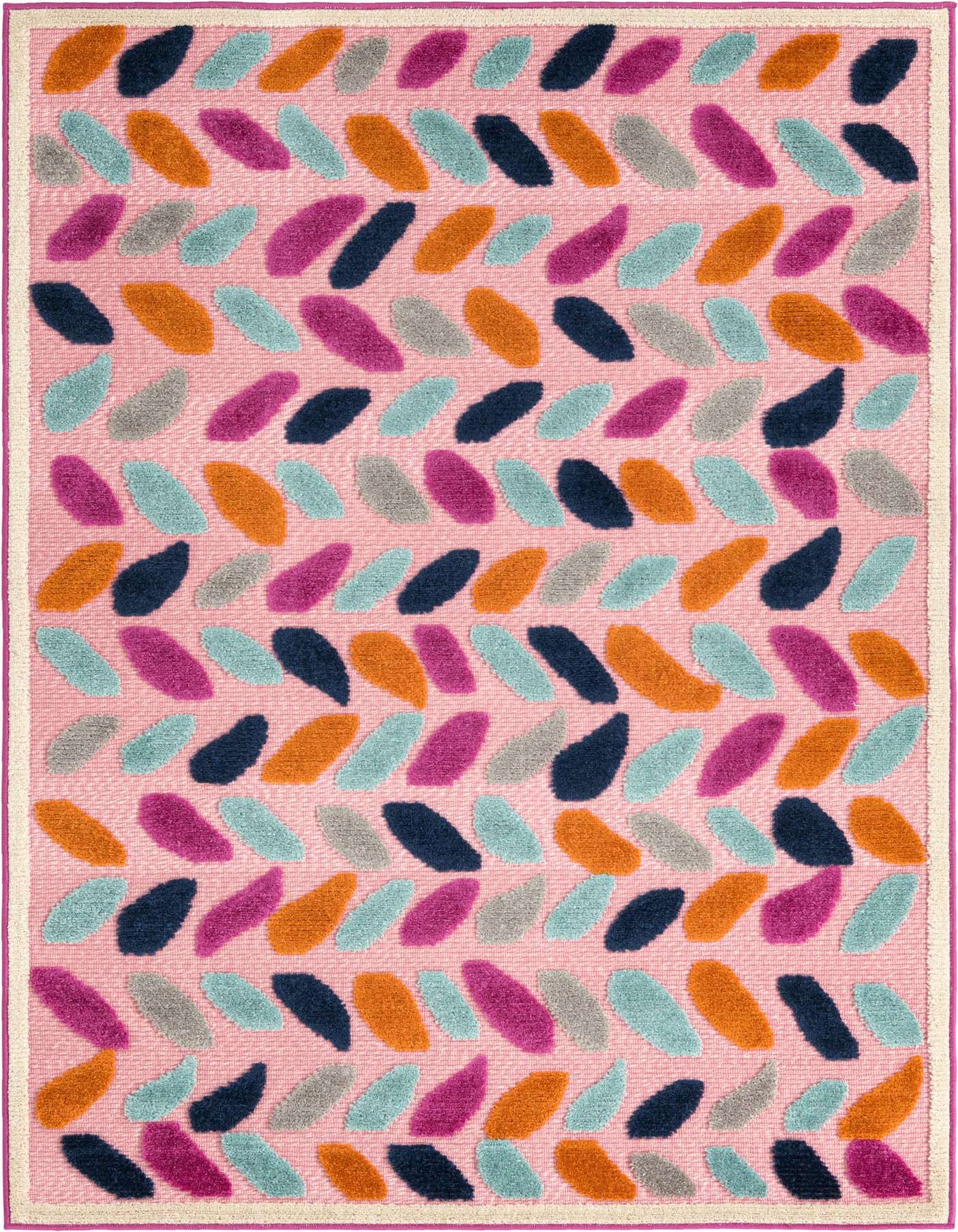 A 4x6 rectangular pink rug with a vibrant bohemian pattern of teal, orange, gray, and magenta leaf-like shapes, suitable for indoor or outdoor spaces.