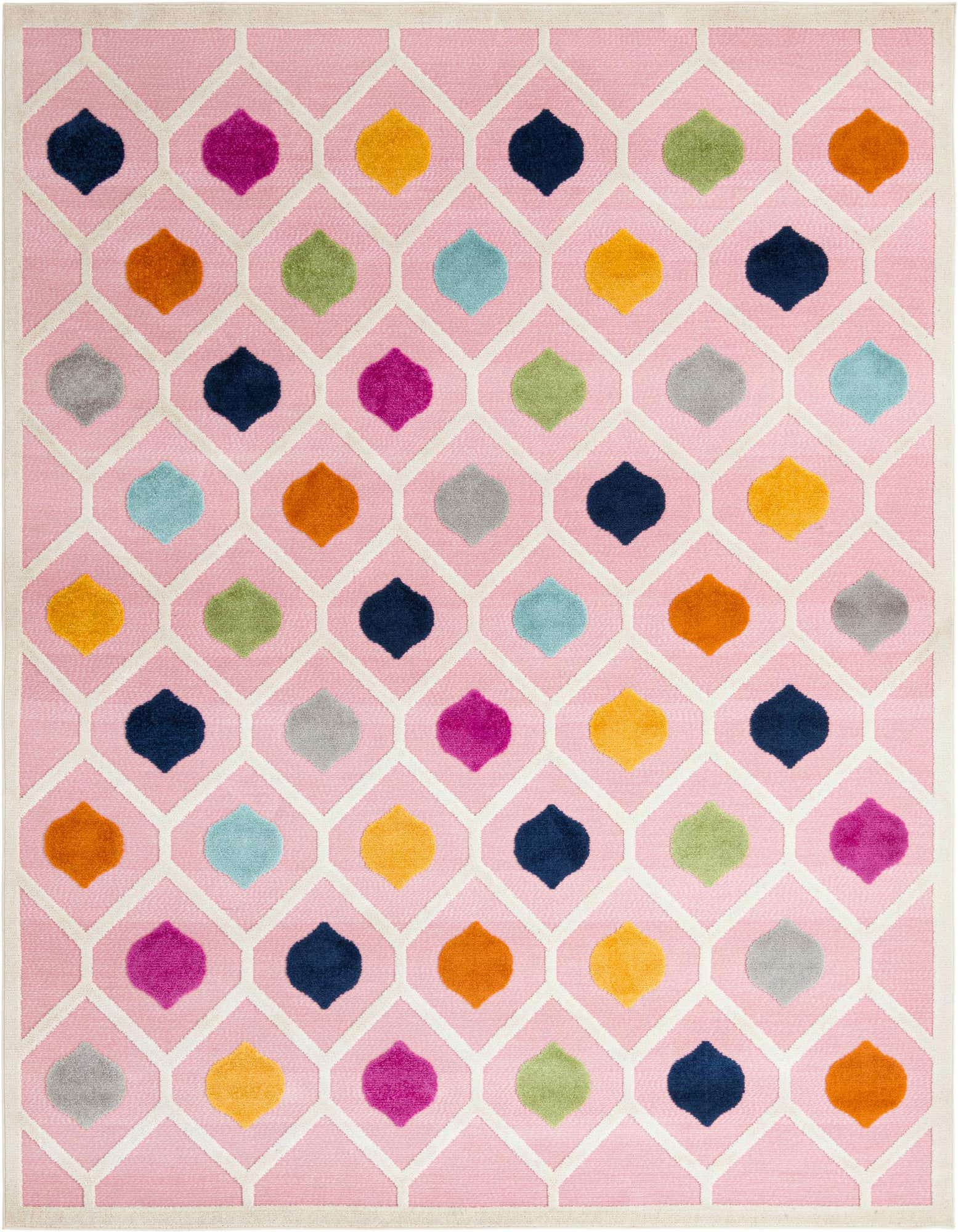 A 9x12 rectangular pink rug with a white trellis pattern featuring colorful bohemian shapes in blue, orange, yellow, green, and fuchsia.