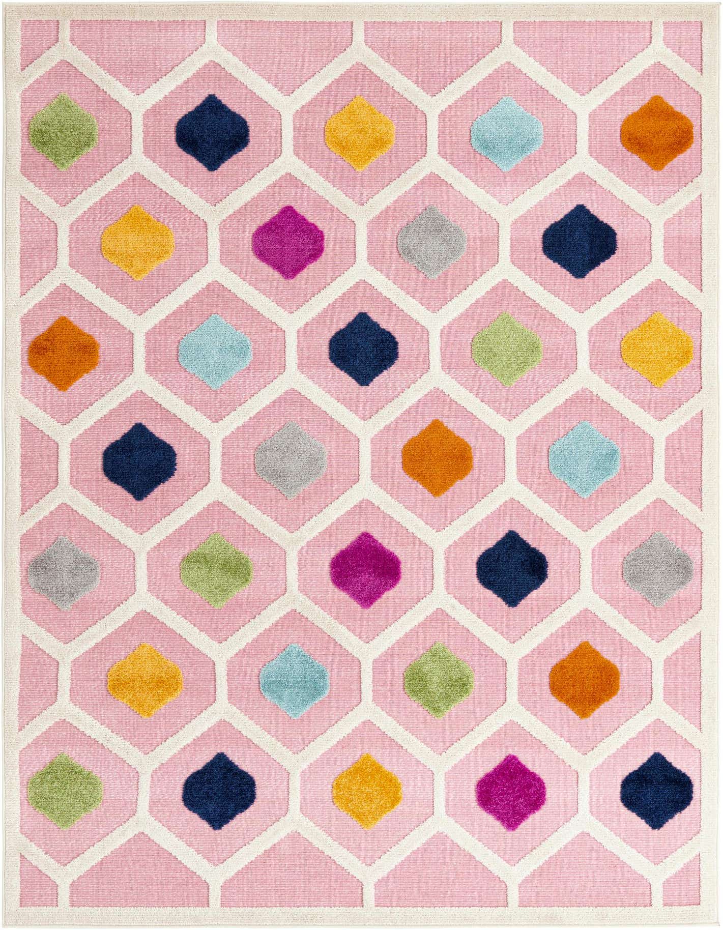 A 6x9 rectangular pink rug with a white trellis pattern framing colorful diamond shapes in blue, green, orange, yellow, gray, and fuchsia.