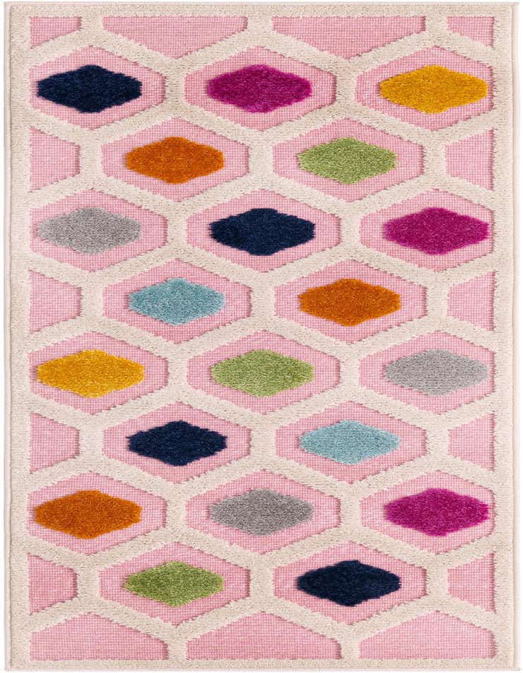 A 2x3 rectangular pink bohemian rug featuring a white trellis pattern with colorful textured shapes in blue, orange, yellow, green, gray, and fuchsia.