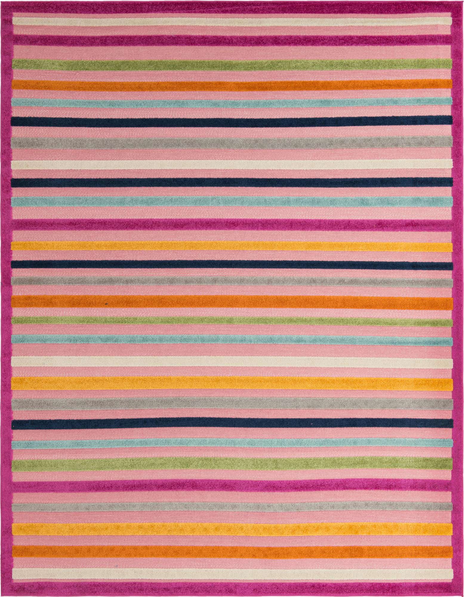 A 9x12 rectangular indoor/outdoor rug featuring vibrant pink, orange, blue, green, and grey stripes with a solid pink border.